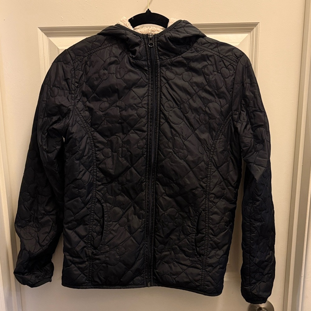 Disney Black Quilted Puffer Jacket with Cream Sherpa Lining inside